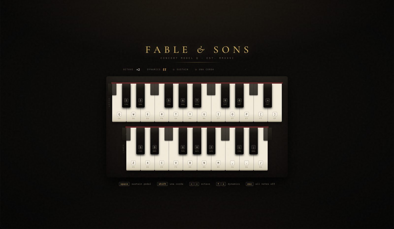 The first render of the piano: a dark stage with a gold Fable & Sons — Concert Model Q nameplate above two manuals of piano keys labelled with QWERTY letters.