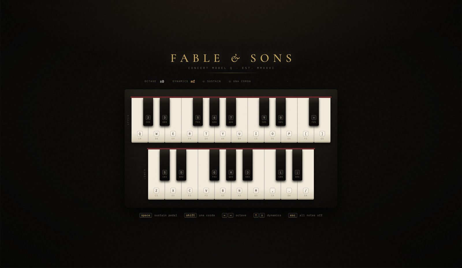 The same first-day piano at rest, octave ±0 and dynamics mf, with small stub black keys still visible in the E–F and B–C gaps.