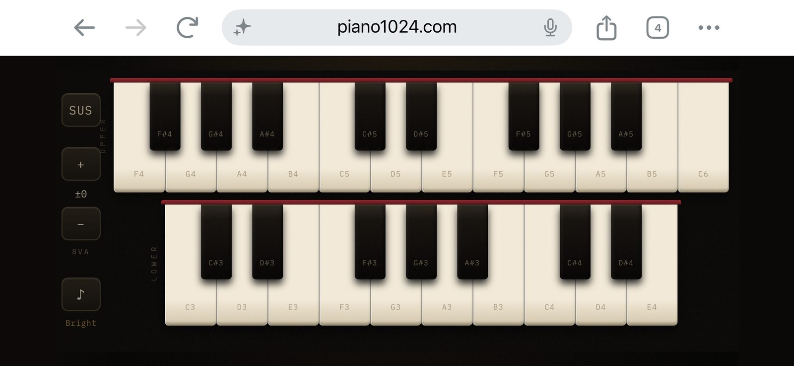 Piano 1024 on a phone in a browser tab — the address bar and toolbar occupy a strip above the two-manual keyboard.