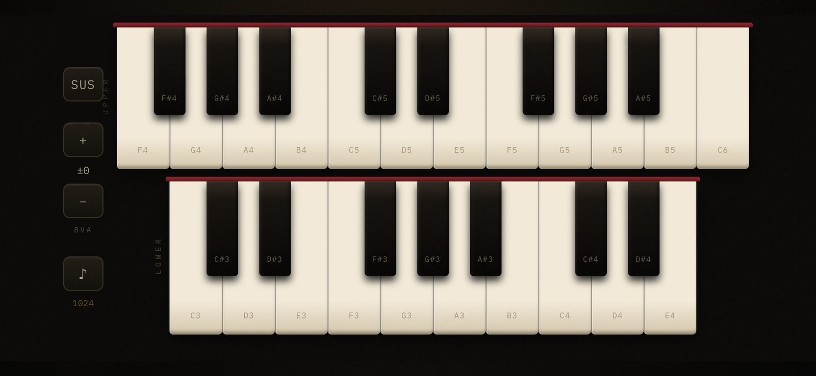 Piano 1024 launched from the home screen — the two-manual keyboard fills the whole phone screen with no browser controls at all.